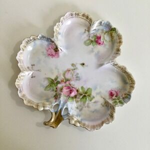 Royal Rudolstadt Prussia Antique Porcelain Clover Dish Pink Roses Gold Trim‎